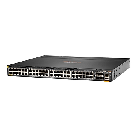 Schwarzer Netzwerk-Switch mit zahlreichen Anschlüssen. Oben steht der Markenname 'Aruba'.