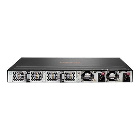 Schwarzer Netzwerk-Switch mit Lüftern und Stromanschlüssen, Ansicht der Rückseite. Text: JL085A, 100V-240V.