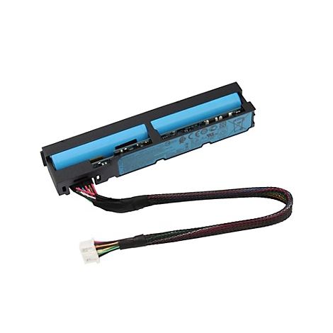 Eine schwarze Laptop-Batterie mit zwei blauen Akkus, bunten Drähten und einem weißen Stecker.