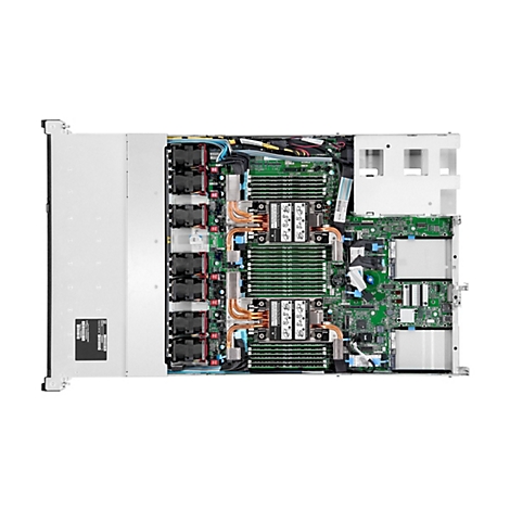 Draufsicht auf einen geöffneten Server, Leiterplatten, Lüfter, Kühlkörper, Kabel und Anschlüsse.