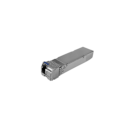 Metallfarbener SFP-Transceiver mit blauer Markierung.