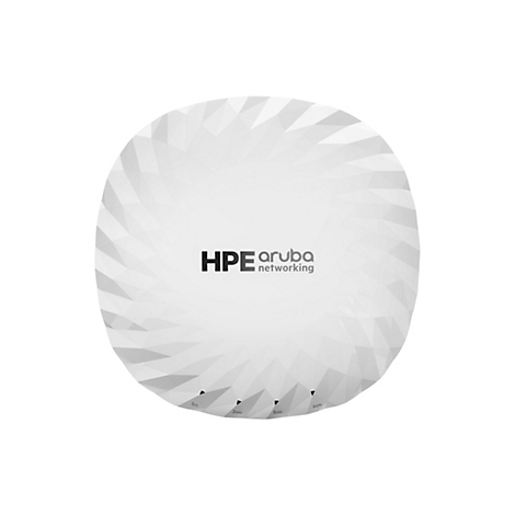 Appareil réseau HPE Aruba rond et blanc avec un motif triangulaire. HPE Aruba et les détails de fréquence sont sur le dessus.