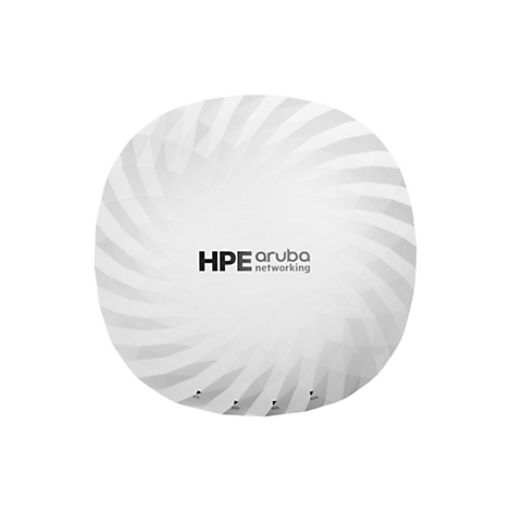 Un appareil réseau blanc et rond avec une structure de surface diagonale et le logo HPE Aruba. Étiquettes : SYS, 2GHz, 5GHz, 6GHz.