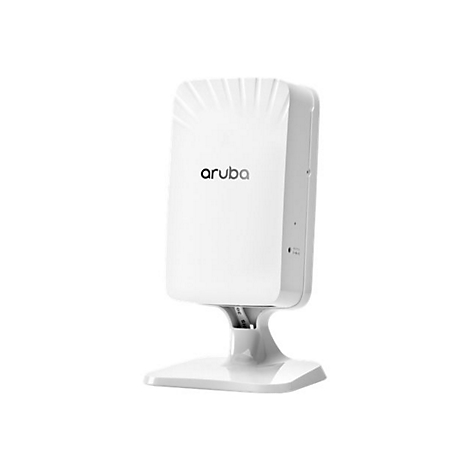 Appareil Aruba blanc avec support. Dessus arrondi, logo 'aruba', sur fond blanc.
