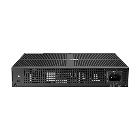 HPE Aruba Netzteil-Modul in schwarzem Gehäuse mit Lüftungsgitter und Stromanschluss.
