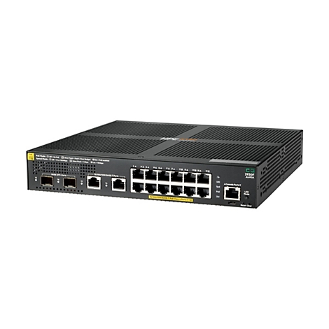Schwarzer HPE Aruba 2930F Netzwerk-Switch in Frontalansicht mit diversen Ethernet- und SFP-Ports.