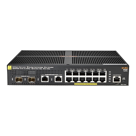 Ein schwarzer Netzwerk-Switch mit Ports und Kontrollleuchten. Auf der Vorderseite sind Anschlüsse mit Beschriftungen wie "10/100/1000 BASE-T Ports" und "10GbE SFP+ Ports" zu sehen. Rechts ist ein "aruba 2930F JL693A"-Etikett.