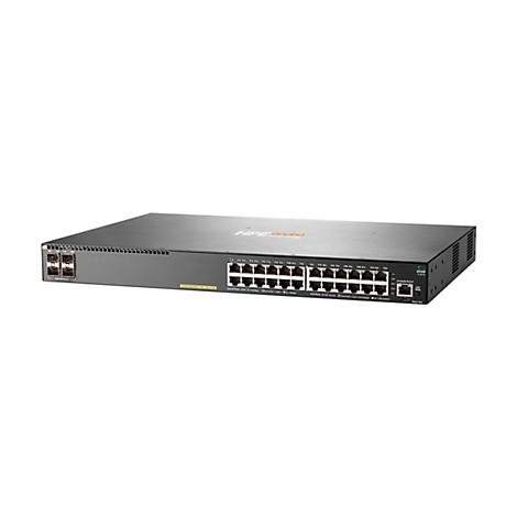 Ein schwarzer HPE Aruba Switch, von vorne fotografiert. Oben steht der Markenname, darunter sind viele Ports und LEDs angeordnet.