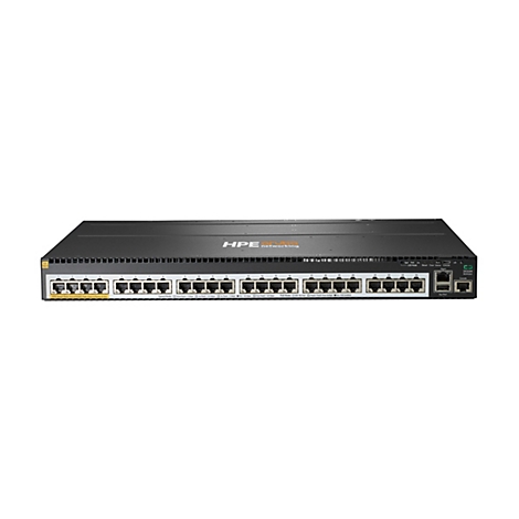 Ein schwarzer Netzwerk-Switch mit 24 Ports, dem HPE-Logo und verschiedenen Anschlüssen und Anzeigen.