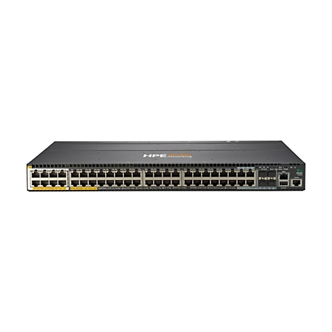 Ein schwarzer Netzwerk-Switch mit vielen Ports und Anschlüssen. Der Switch ist mit HPE-Logo und verschiedenen Beschriftungen versehen. Oben steht HPE networking.