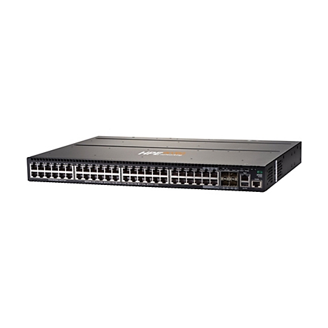 Ein schwarzer HPE Aruba-Switch mit mehreren Ports und der Aufschrift HPE networking.
