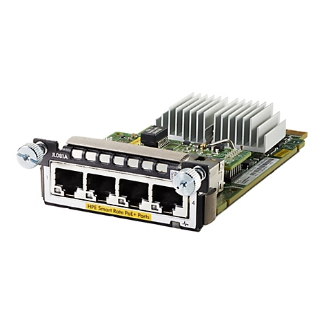Ein Computer-Hardware-Netzwerkswitch, JL081A mit 4 PoE+ Ports, metallischer Kühlkörper, graue Schrauben, gelbes HPE-Etikett.