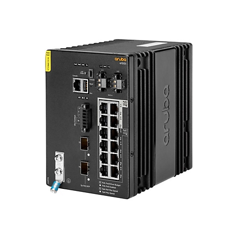 Schwarzer Netzwerk-Switch mit Anschlüssen und Anzeigen, Aruba 4100i.