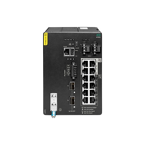 Ein schwarzer Netzwerkswitch mit zahlreichen Anschlüssen, Beschriftungen und Anzeigen. Es gibt Anschlüsse für PoE, Konsolen- und andere Verbindungen. Auf der rechten Seite sind zahlreiche Ethernet-Ports angeordnet. Auf der linken Seite befindet sich ei...