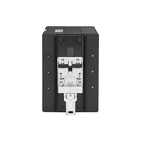 Schwarzes elektronisches Gerät, detailgetreue Ansicht der Vorderseite mit Logo "aruba".