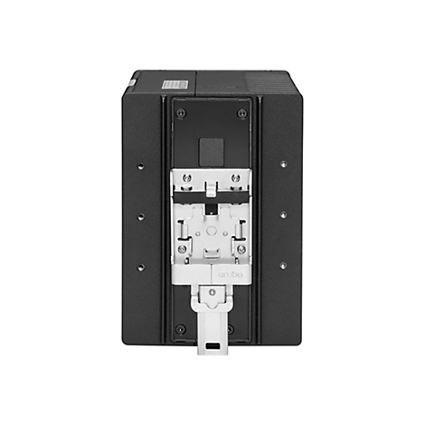 Schwarzes Gerät mit Metallhalterung, Aufschrift 'aruba'.