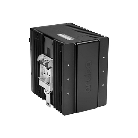 Schwarzes Aruba-Gerät mit Rippen und Halterung. Aruba-Logo auf der Seite. Metallhalterung zum Aufhängen.