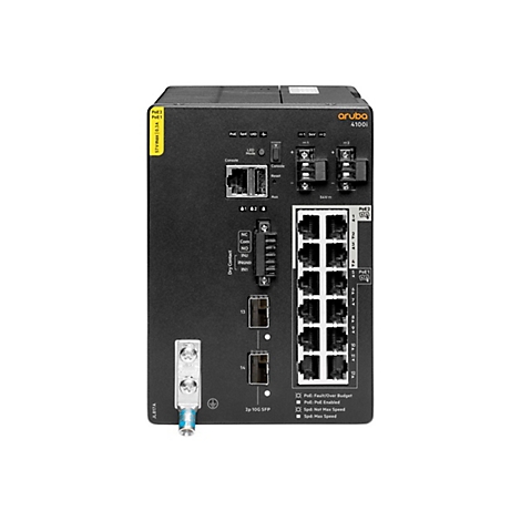 Schwarzes Aruba 4100i Switch-Gerät mit verschiedenen Anschlüssen und Anzeigen. Aufgelistet sind Labels wie "PoE", "Console" und "54V".