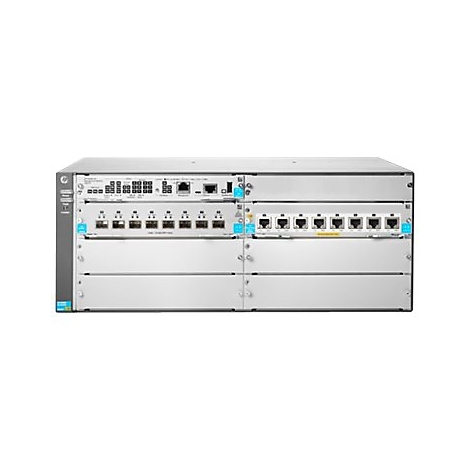 Ein grauer Netzwerk-Switch mit vielen Ports und Anschlüssen, vor weißem Hintergrund.