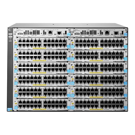 Ein grauer Netzwerk-Switch mit vielen Ports, Anschlüssen und Anzeigen. HP-Logo oben links.