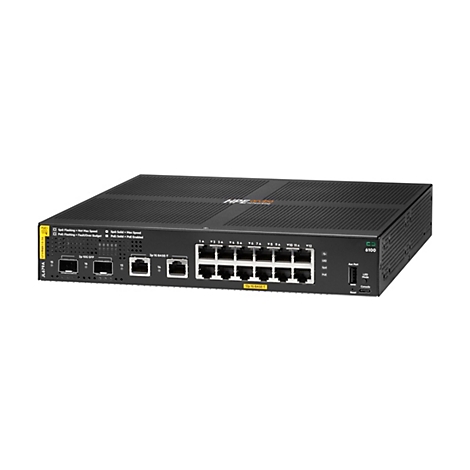 Ein schwarzer Netzwerk-Switch mit Ports und Kontrollleuchten. Auf der Oberseite steht HPE Networking. Auf der Vorderseite stehen die Bezeichnungen für verschiedene Ports, z.B. 2p 10G SFP.
