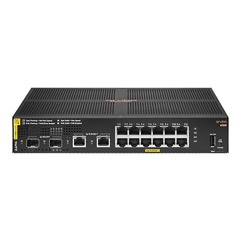 Schwarzer Aruba 6100 Netzwerk-Switch, zahlreiche Ports, LED-Anzeigen, Beschriftungen und Modellnummern.