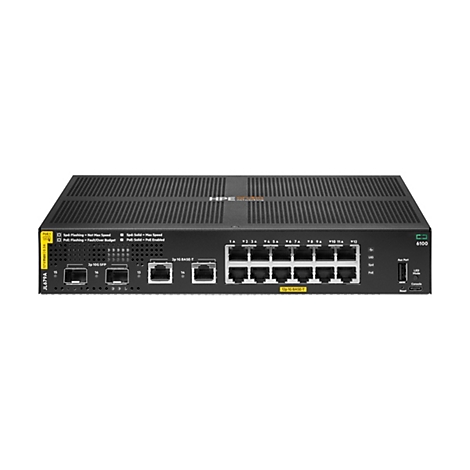 Schwarzer Netzwerk-Switch mit Ports, Beschriftungen und LED-Anzeigen. Das Gerät trägt das HPE Aruba-Logo.