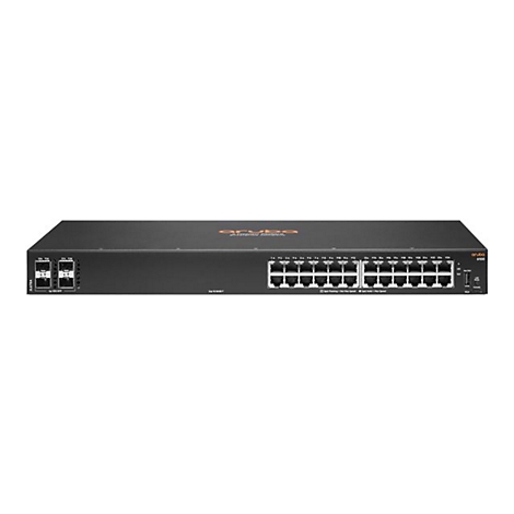 Schwarzer Aruba Netzwerk Switch. Frontansicht mit zahlreichen Ports und dem Firmenlogo.