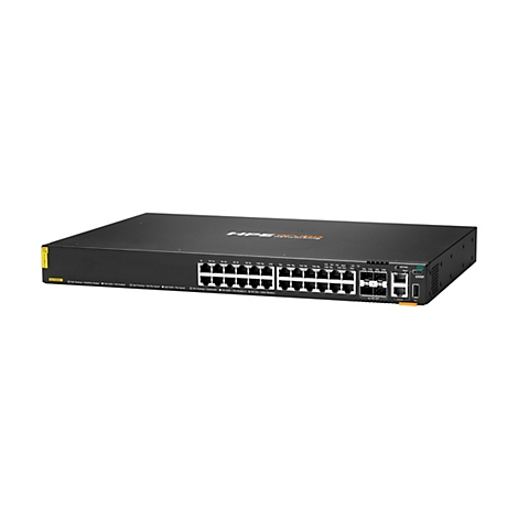 Ein schwarzer Netzwerk-Switch mit Ports und Anschlüssen. Oben steht der Schriftzug "HPE networking".