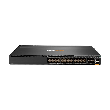 Ein schwarzer HPE Networking Switch vor weißem Hintergrund. Der Switch ist mit zahlreichen Anschlüssen und Anzeigen ausgestattet. Das HPE-Logo ist sichtbar.
