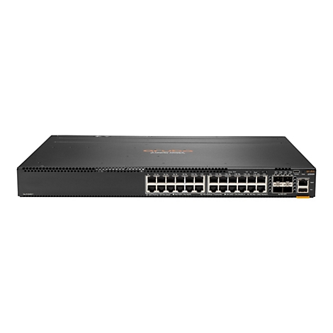 Ein schwarzer Netzwerk-Switch von Aruba 6300M mit verschiedenen Ports und Anschlüssen. Der Switch ist mit zahlreichen Ports und Kontrollleuchten ausgestattet.
