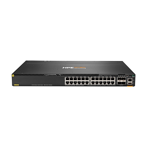 Ein schwarzer Netzwerk-Switch mit Ports und Anschlüssen. Oben steht HPE networking.