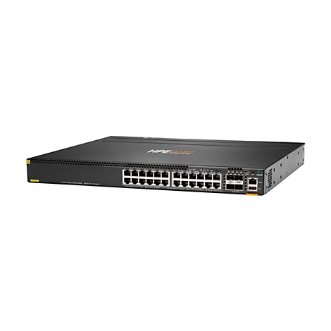 Ein schwarzer Netzwerk-Switch, HPE Aruba, mit zahlreichen Anschlüssen und Anzeigen. Aufschrift: 6300M, 24p 1G BASE-T.