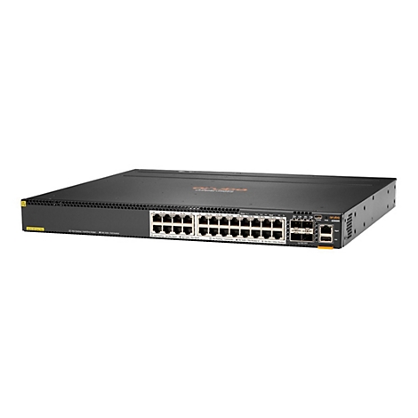 Schwarzer Netzwerk-Switch, Aruba 6300M, mit zahlreichen Anschlüssen und Anzeigen.