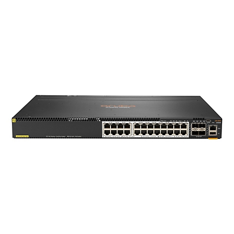 Ein schwarzer Netzwerk-Switch mit Ports und Anschlüssen. Auf der Oberseite befinden sich das Aruba-Logo und verschiedene Anzeigen. Beschriftungen und Markierungen sind auf der Vorderseite zu sehen.
