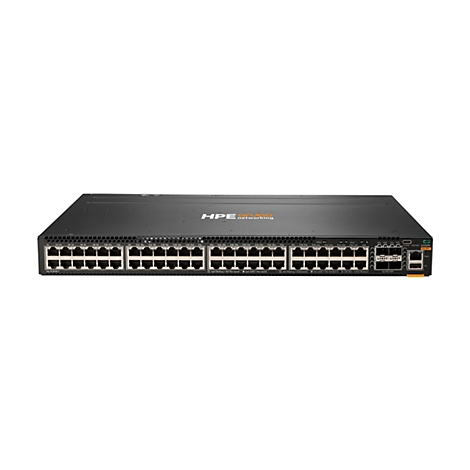 Schwarzer Aruba 6300M Netzwerkschalter mit zahlreichen Ethernet- und SFP-Anschlüssen vor weißem Hintergrund.