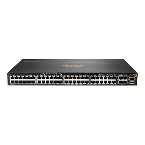 Schwarzer Netzwerk-Switch mit vielen Ports und dem Logo "Aruba".