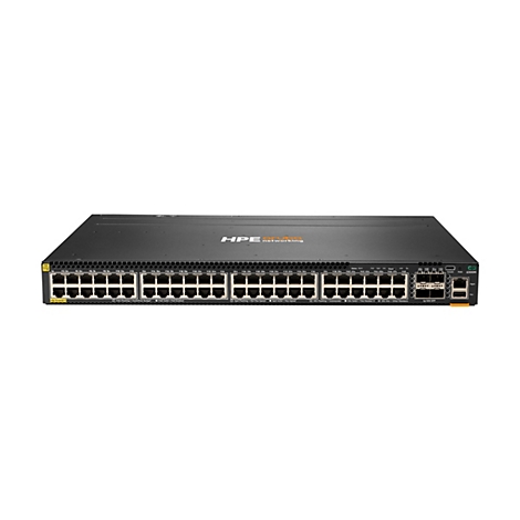 Ein schwarzer Netzwerk-Switch mit zahlreichen Anschlüssen und dem HPE-Logo.