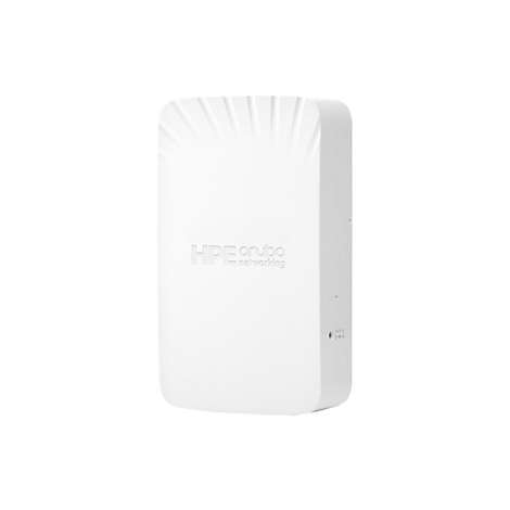 Ein weißes HPE Aruba Netzwerkgerät, leicht schräg von vorne fotografiert. Die Oberseite weist vertikale, flache Rillen auf. Auf der Vorderseite steht der Schriftzug "HPE aruba networking".