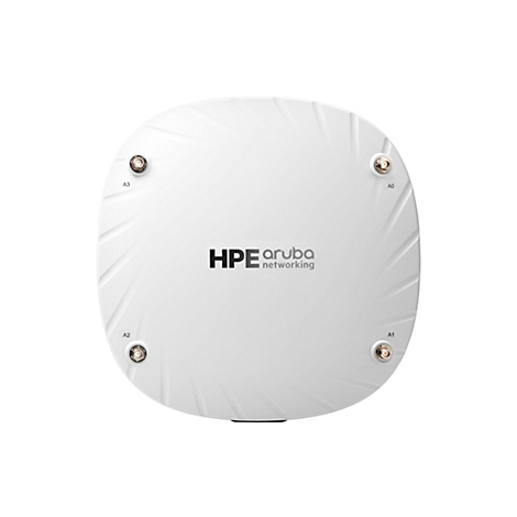 Draufsicht auf einen weißen Aruba-Access-Point. Oben stehen die Buchstaben A3 und A0, unten die Buchstaben A2 und A1. In der Mitte steht das Logo von HPE Aruba Networking.