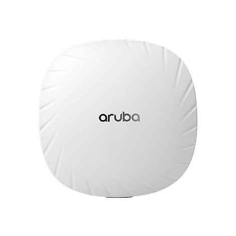 Weißes, rundes WLAN-Gerät mit dem Logo "aruba". Oberflächlich mit strukturierten Streifen.