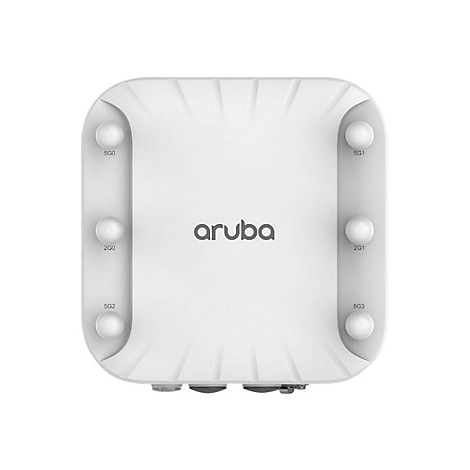 Draufsicht auf ein weißes WLAN-Gerät mit der Aufschrift „aruba“ und vier kreisförmigen Knöpfen.