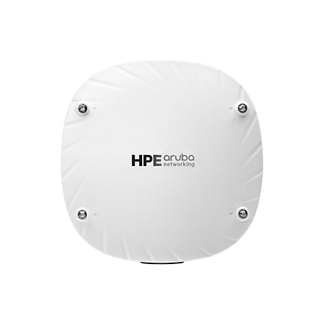 Draufsicht auf ein weißes HPE Aruba Networking Gerät. Oben links, rechts und unten sind Metallschrauben zu sehen. Der Schriftzug HPE Aruba Networking ist mittig abgebildet.