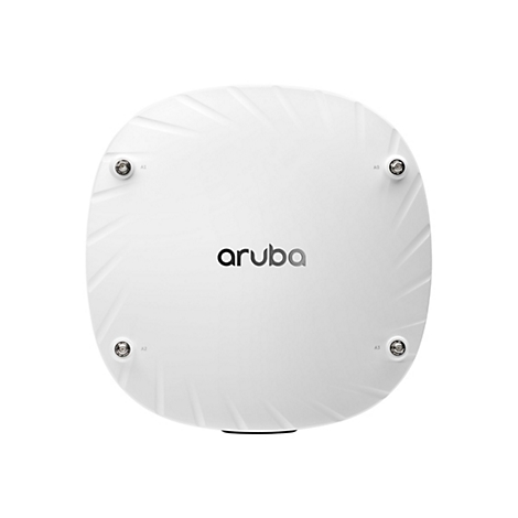 Draufsicht auf einen weißen Aruba-Access-Point. Oben mittig steht der Markenname. Oben und unten sind Anschlüsse mit den Bezeichnungen A0-A3.