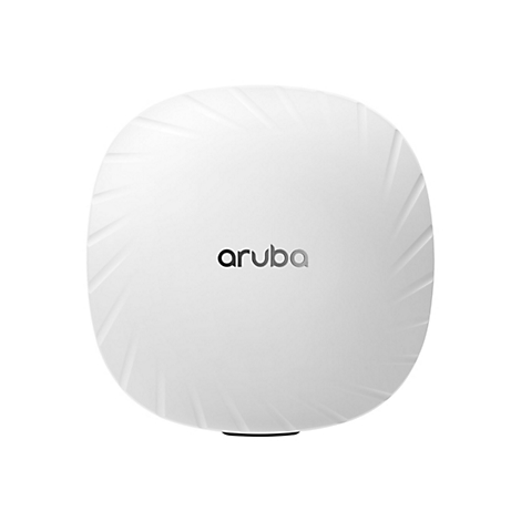 Draufsicht auf einen weißen Aruba-WLAN-Access-Point. Das runde Gerät zeigt das Markenlogo.