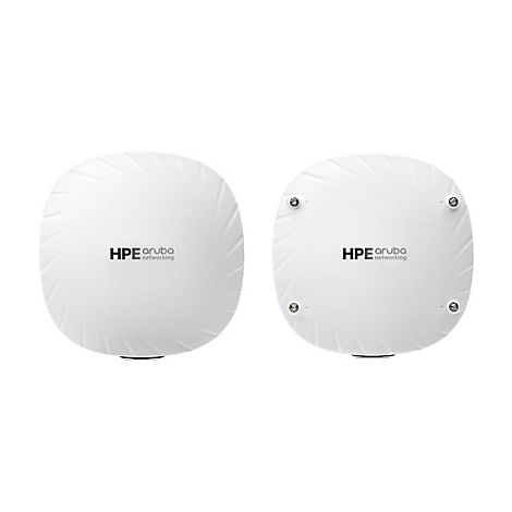 Zwei weiße HPE Aruba Networking Access Points. Auf der einen Oberfläche ist ein Logo, auf der anderen Anschlüsse und Schrauben.