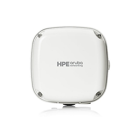 Draufsicht auf ein weißes HPE Aruba Netzwerkgerät. Grau-schwarzer Schriftzug "HPE aruba networking".