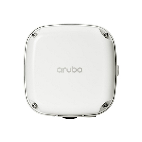 Draufsicht auf einen weißen Aruba WLAN-Access-Point. Oben mittig ist der Schriftzug 'aruba' eingeprägt.
