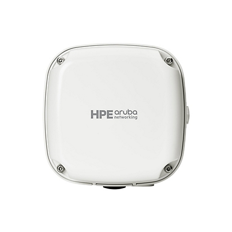 Ein weißes HPE Aruba Netzwerkgerät, quadratisch mit abgerundeten Ecken, auf weißem Grund. Oben Schriftzug: HPE Aruba networking.