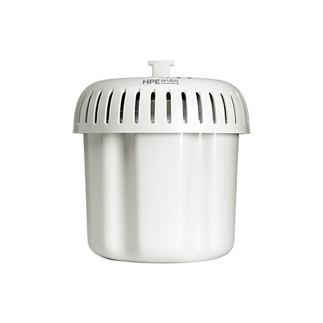 Ein weißes HPE Aruba Netzwerkgerät. Es hat eine abgerundete Oberseite mit Schlitzen und einen zylindrischen Unterteil.